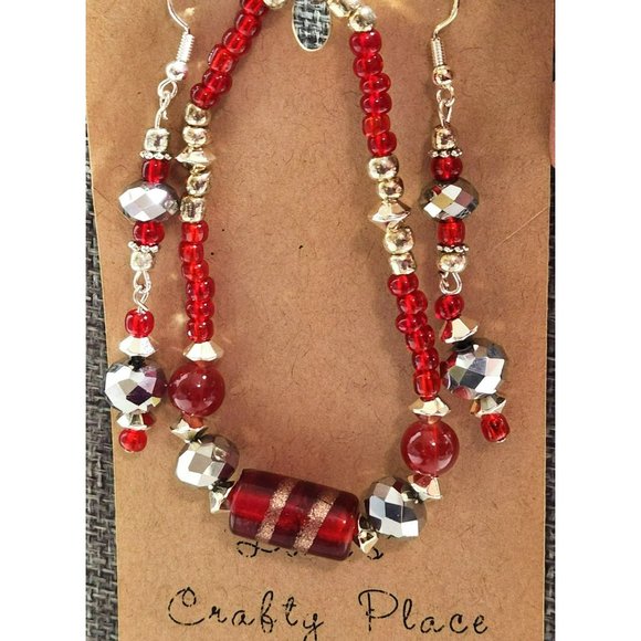 Red Silver Bracelet Earrings Set - Picture 2 of 6